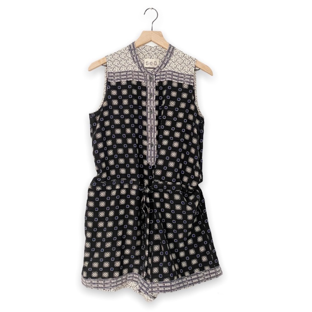 Sea New York 100% Silk Boho Geometric Navy Cream Sleeveless Romper Button Front